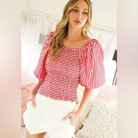 VINE & LOVE Red & White Gingham Milkmaid / Picnic / Puff Sleeves Top - Small - Picture 1 of 12